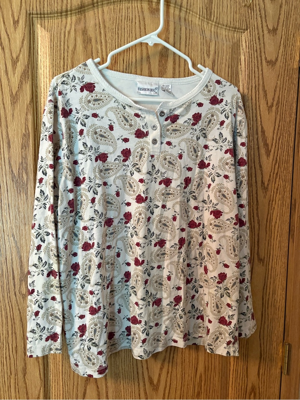 Fashion Bug Cream Henley Top with Burgundy Floral Paisley